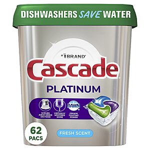 62-Count Cascade Platinum ActionPacs Dishwasher Detergent Pods (Fresh Scent) $10.25 w/ Subscribe & Save
