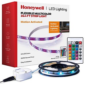 $12.19 Honeywell Multi Color Motion Activated RGB LED Strip Light with Remote, Power Adapter - 16.4ft/5M