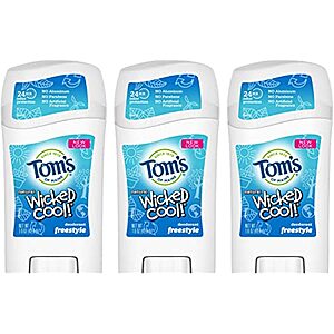 3-Pack 1.6-Oz Tom's of Maine Aluminum-Free Wicked Cool! Natural Deodorant for Kids (Freestyle) $8.40 + Free S&H w/ Prime or $25+