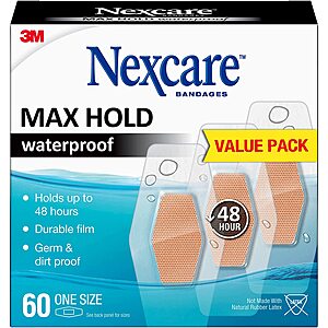 60-Count Nexcare Max Hold Waterproof Bandages Value Pack (One Size) $5.65 w/ S&S + Free Shipping w/ Prime or $25+