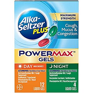 16-Count Alka-Seltzer Plus Maximum Strength Cough, Mucus & Congestion, Day + Night Powermax Liquid Gels $3.60 w/ S&S + Free S&H w/ Prime or $25+