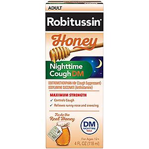 4-Oz Robitussin Maximum Strength Nighttime Cough DM for Adults (Honey) $4.30 w/ S&S + Free S&H w/ Prime or $25+