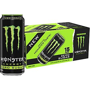 15-Pack 16-Oz Monster Energy Zero Sugar, Green, Original, Low Calorie Energy Drink $18.85 w/ S&S + Free Shipping w/ Prime or on $25+