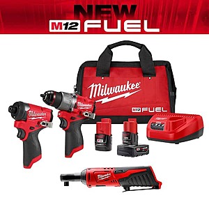 3-Tool Milwaukee M12 Combo Kit w/ FUEL Hammer Drill + FUEL Impact Driver + Ratchet $199 + Free Shipping
