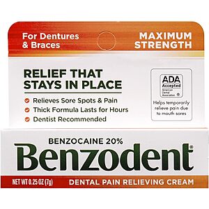 0.25-Oz Benzodent Dental Pain Relieving Cream for Dentures and Braces $1.80 w/ S&S + Free S&H w/ Prime or $35+