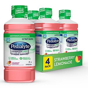 4-Pack 1-Liter Pedialyte AdvancedCare Electrolyte Solution Hydration Drink with PreActiv Prebiotics (Strawberry Lemonade) $10.95 w/ S&S + Free Shipping w/ Prime or on $35+