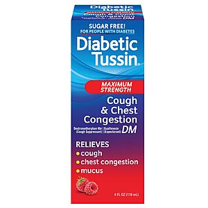 4-Oz Diabetic Tussin DM Maximum Strength Cough and Chest Congestion Relief Liquid Cough Syrup (Berry) $4.70 w/ S&S + Free Shipping w/ Prime or on $35+