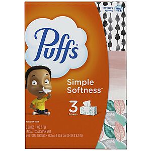 3-Pack 180-Count Puffs Simple Softness Facial Tissue: 2 for $6.35 ($1.06/box) & More at Walgreens w/ Free Store Pickup on $10+
