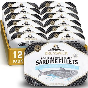 12-Pack 3.75-Oz Brunswick Sardine Fillets (Spring Water w/ No Salt Added) $11.35 w/ S&S + Free S&H w/ Prime or $35+