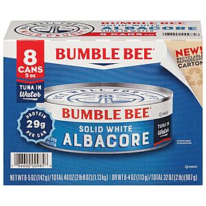 8-Pack 5-Oz Bumble Bee Solid White Albacore Tuna in Water $5.25 w/ S&S + Free S&H w/ Prime or $35+