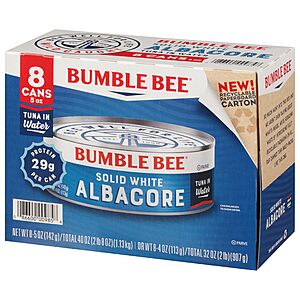 8-Pack 5-Oz Bumble Bee Solid White Albacore Tuna in Water $5.25 w/ S&S + Free S&H w/ Prime or $35+