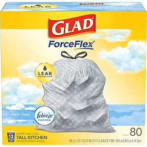 80-Count Glad ForceFlex Tall Kitchen Drawstring Trash Bags (Febreze) $12.50 w/ Subscribe & Save