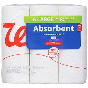 6 Large Rolls Walgreens Absorbent Paper Towels ( = 8 Regular Rolls) $2.50 at Walgreens & More + Free Store Pickup on $10+