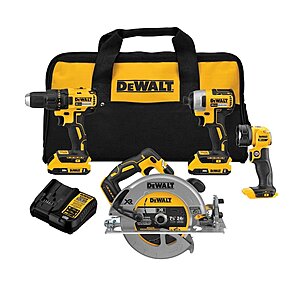 DEWALT 4-Tool 20V Brushless  Kit with Soft Case (Drill, impact driver, 7 1/4" XR circ saw, light, 2-Batteries and charger Included), $226.85, FS, Lowe's