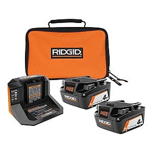 RIDGID 18V Lithium-Ion (2) 4.0 Ah Battery Starter Kit with Charger and Bag, $79, Free shipping, Home Depot $79