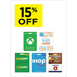Dollar General in store, 15% off select gift cards, XBOX, Subway, IHOP, Zaxby's, The Children's Place, Gymboree