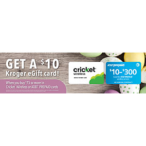 Kroger gift cards, Get a $10 Kroger egift card when you purchase $75 or more in Cricket Wireless or AT&T prepaid cards + 4X fuel points