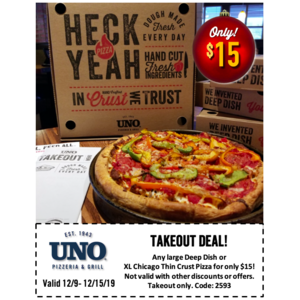 Uno's Pizzeria Any Large Pizza Deep or XL CTC $15 Takeout Only