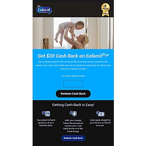 Free $30 cash back via venmo/PayPal with purchase of $40+ of select enfamil products