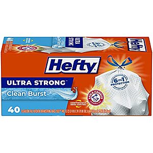 40-Count 13-Gallon Hefty Ultra Strong Tall Kitchen Trash Bags (Clean Burst) $5.98 w/ S&S + Free Shipping w/ Prime or on orders over $25 $6