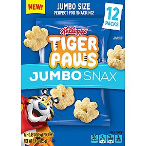 Kellogg's Tiger Paws or Apple Jacks Jumbo Snax, Cereal Snacks, Original, On the Go, 5.4oz Box (Pack of 4, 48 count total): $13.94 or less w/S&S & A/c