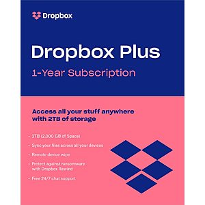 Dropbox Plus - 2 TB of Storage for 1 Year - $108 AC - $103 EDU discount $102.59