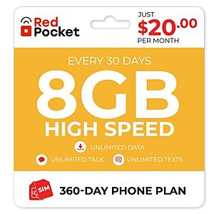 360-Day Red Pocket Prepaid Plan: Unlimited Talk & Text + 8GB LTE / Month $216 + Free Shipping