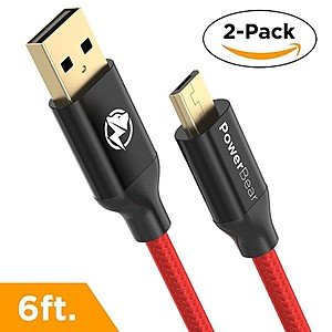 Micro USB Cable [2-Pack] 6ft Fast Charge Premium Micro USB [2.4A] with Gold Plated Connectors and Braided High Strength Nylon - Red [24 Month Warranty] $5.95