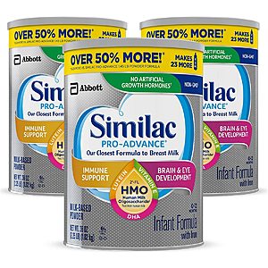 36 Oz, Pack of 3 Similac Pro-Advance for $80.38 and 34.9 oz, Pack of 3 Similac Pro-Sensitive for $80.38 with S&S
