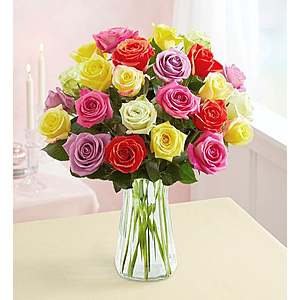 1-800-Flowers Two dozen mixed roses with vase shipped for less than $30 with Shoprunner