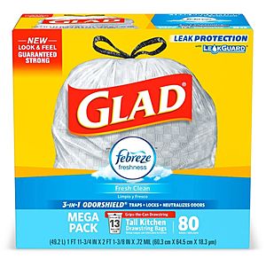 Glad Tall Kitchen 5-Day OdorShield Trash Bags With Febreze™ Freshness, 13 Gallons, Fresh Clean Scent, White, Pack Of 80 $7.5