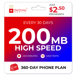 $2.50/Mo Red Pocket Prepaid Plan: 200 Talk 1000 Text 200MB 360 Day (GSMT/CDMAS) $30