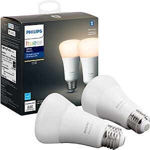 2-Pack Philips Hue White 60W A19 Bluetooth Smart LED Bulb (800 Lumens) $19