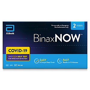 BinaxNOW COVID‐19 Antigen Self Test (2 Count) $ 20 In Stock @ walmart