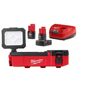 Milwaukee M12 12-Volt Lithium-Ion Cordless PACKOUT Flood Light w/USB Charging, One 4.0 Ah and One 2.0 Ah Batteries and Charger 2356-20-48-59-2424 - $139