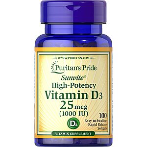 Puritan's Pride High-Potency Vitamin D3 1000 IU, 200 Softgels $2.64 Amazon