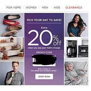 Kohl’s : extra 20% off email  promo code online/in-store with kohl’s charge- ymmv