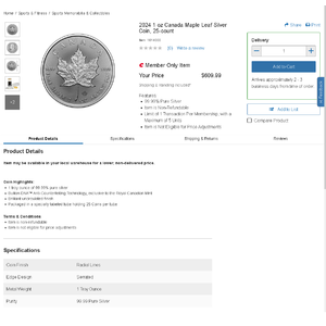 Costco Members 2024 1 oz Canada Maple Leaf Silver Coin, 25-count $609.99