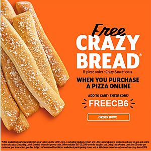 Little Caesars: Oct. 7 - 25 Purchase a Pizza Online & Get Crazy Bread Free (Valid at Participating Locations)