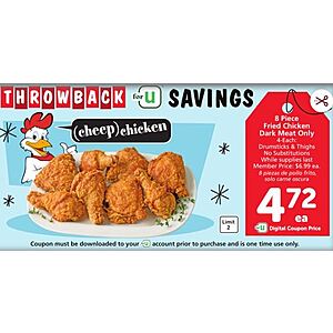 So. Cal. Albertsons & Vons Stores: 8 Pieces Fried Chicken (Dark Meat) $4.72 & Planters Peanuts 16 oz $1 through Feb. 6, 2024