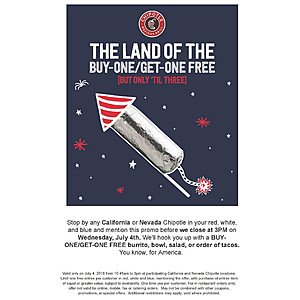 Chipotle Mexican Grill Restaurants in CA & NV - BOGO Free on July 4, 2018, before 3:00 PM