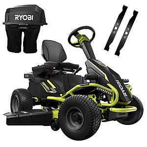 RYOBI 38 in. 75 Ah Battery Electric Rear Engine Riding Lawn Mower and Bagging Kit $2599