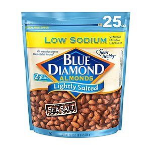 Blue Diamond Almonds Low Sodium Lightly Salted Snack Nuts, 25 Oz Resealable Bag (Pack of 1)~$7.02 @ Amazon~Free Prime Shipping!