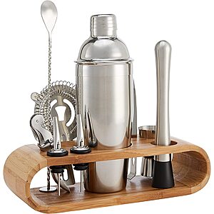 10-Piece Amazon Basics Stainless Steel Bar Tools Set w/ Bamboo Stand Holder $16.40