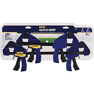 IRWIN QUICK-GRIP One-Handed Mini Bar Clamp 4 Pack: (2) 6" and (2) 12" clamps.  $22.79+tax Free shipping w/Amazon Prime