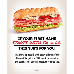Firehouse Subs: First Name Starts w/ Fa or La, Buy Med/Large Sub, Get Med Sub Free (In-Store, Today 12/23 Only)
