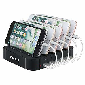 Topoint Multi Device 5 USB Ports Charging Docking Station HUB with 3 Lightning Charging Cords and 2 Micro USB Charging Cords for iPhones/Smart Phones/Tablets -- $8.99 AC