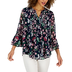 Charter Club Petite Pleated Paisely Pintuck Top $22
