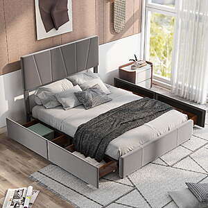 EUROCO Upholstered Queen Size Platform Bed w/ 4 Drawer Storage (Gray) $180 + Free Shipping
