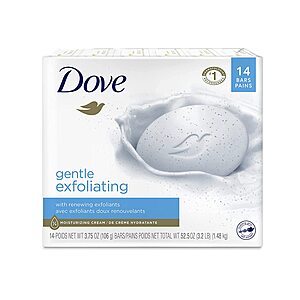 Dove Bar Soaps: 14-Count 3.75oz Dove Beauty Bar (Gentle Exfoliating) $13.10 w/ Subscribe & Save & More